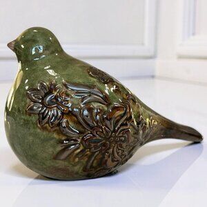 Large Glazed Ceramic Pottery Bird Fold Art Green / Brown Floral Embossed Dove